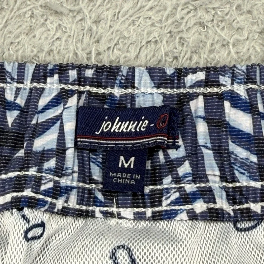 Johnnie-O Men's L Swim Trunks Blue White Surfboard Print Half Elastic Drawstring